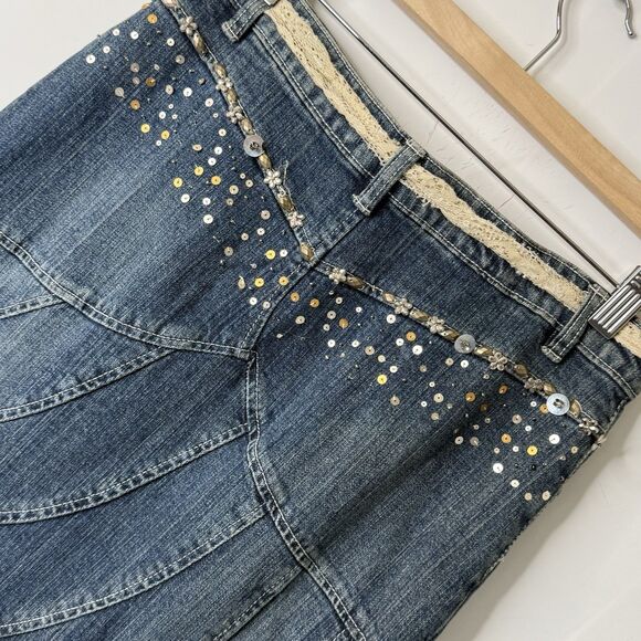 VTG Y2K Boho Fairycore Denim Ruffle Skirt Asymmetrical Lace Beaded Sz S Festival - Picture 13 of 14